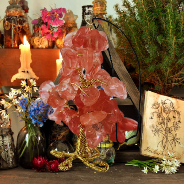 Cherry Quartz Gem Tree Rearview Mirror Charm