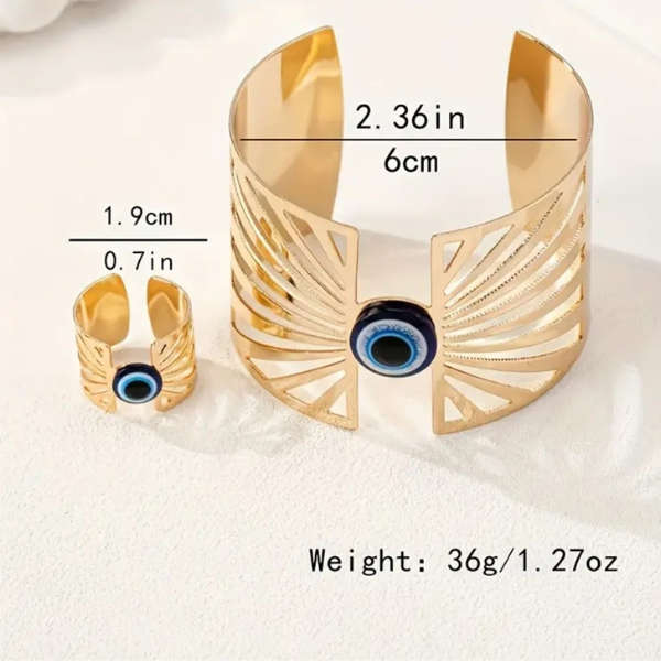 Evil Eye Cuff Bracelet and Ring Set with Elegant Open Fan Design
