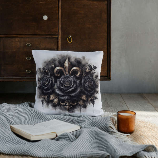Fleur de Lis and Black Roses Throw Pillow