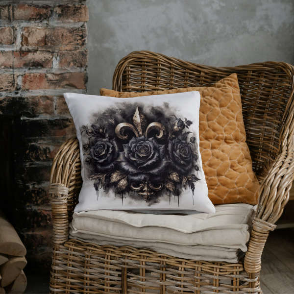 Fleur de Lis and Black Roses Throw Pillow