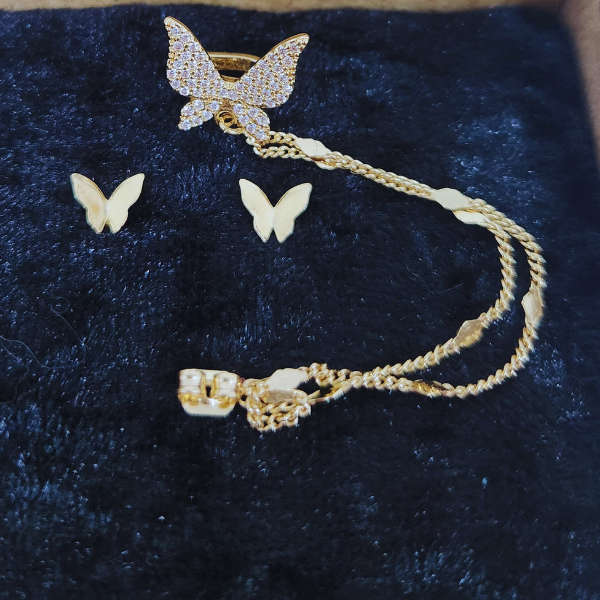 Golden Butterfly Elegance  Earring & Ear Clip Duo 