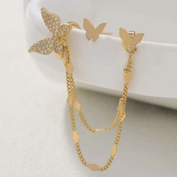 Golden Butterfly Elegance  Earring & Ear Clip Duo 