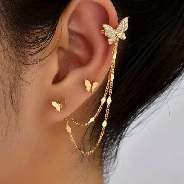 Golden Butterfly Elegance  Earring & Ear Clip Duo 