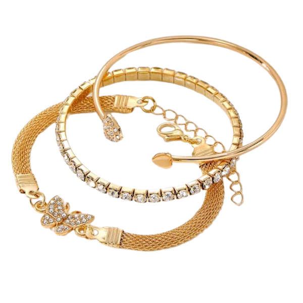 Golden Whimsy Butterfly & Heart Layered Bangle Bracelet Set
