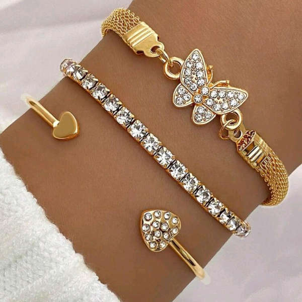 Golden Whimsy Butterfly & Heart Layered Bangle Bracelet Set