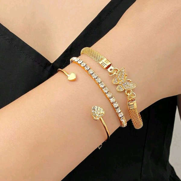 Golden Whimsy Butterfly & Heart Layered Bangle Bracelet Set