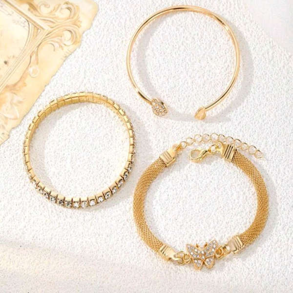 Golden Whimsy Butterfly & Heart Layered Bangle Bracelet Set