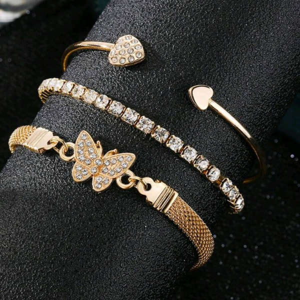 Golden Whimsy Butterfly & Heart Layered Bangle Bracelet Set