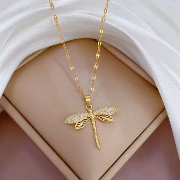 Golden Whisper: Dragonfly Cubic Zirconia Necklace