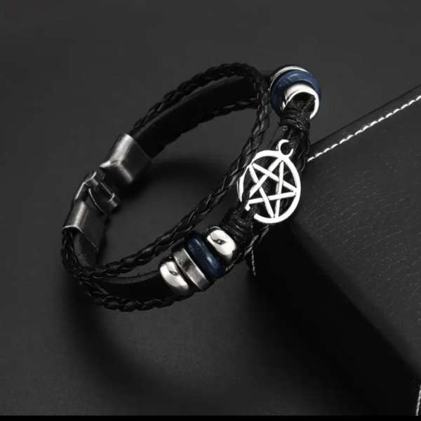 Mystic Protection Black Leather Pentagram Bracelet 
