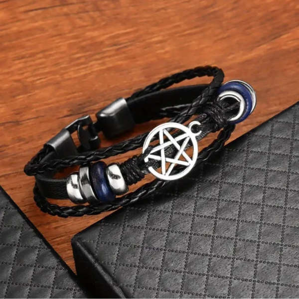 Mystic Protection Black Leather Pentagram Bracelet 