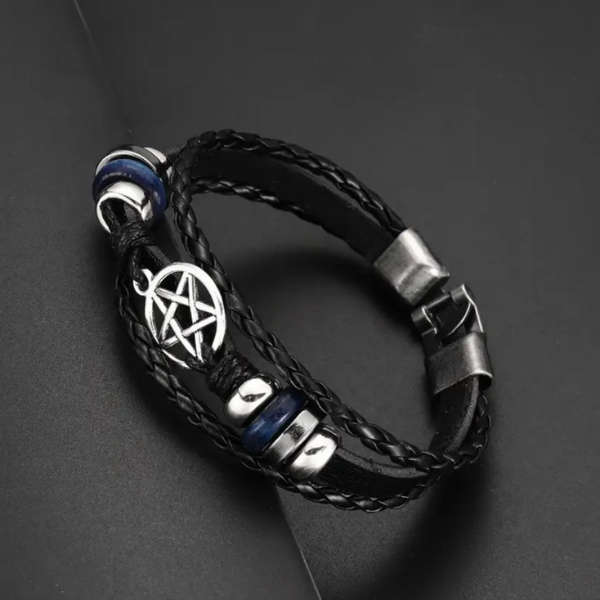 Mystic Protection Black Leather Pentagram Bracelet 