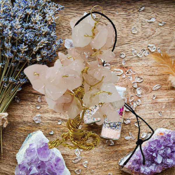 Rose Quartz Gem Tree Rearview Mirror Charm