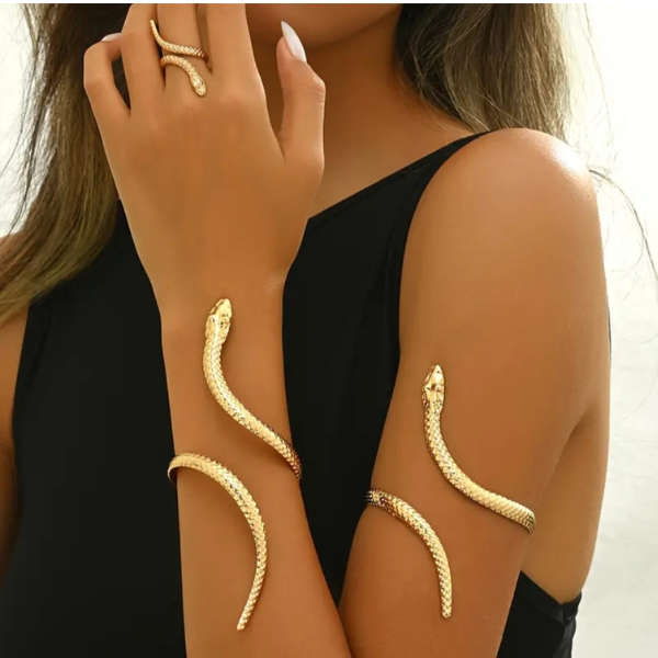 Serpents Embrace Gold-Plated Snake Bracelet, Ring & Armlet Set