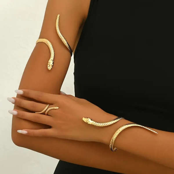 Serpents Embrace Gold-Plated Snake Bracelet, Ring & Armlet Set