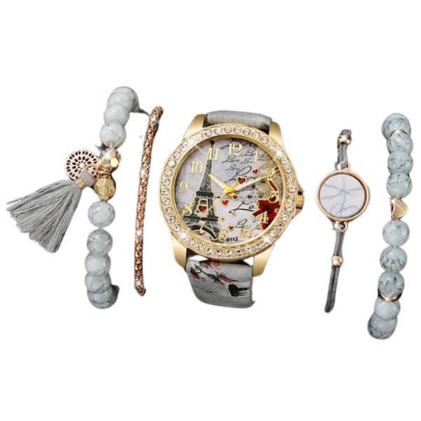 Timeless Tranquility: Howlite & Leather Watch & Bracelet Set 