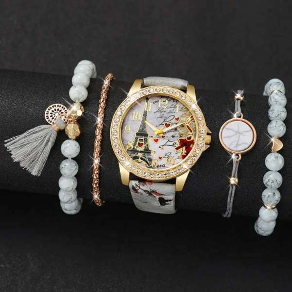 Timeless Tranquility: Howlite & Leather Watch & Bracelet Set 