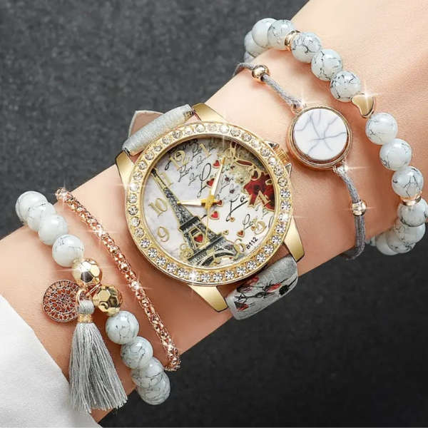 Timeless Tranquility: Howlite & Leather Watch & Bracelet Set 