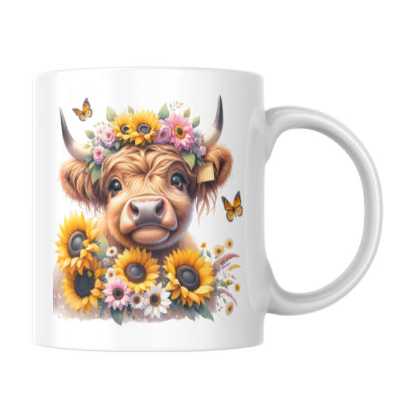 Sunflower Highland Cow Coffee Cup and Coaster Set