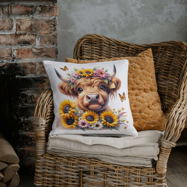 Sunflower Highland Cow Throw Pillow