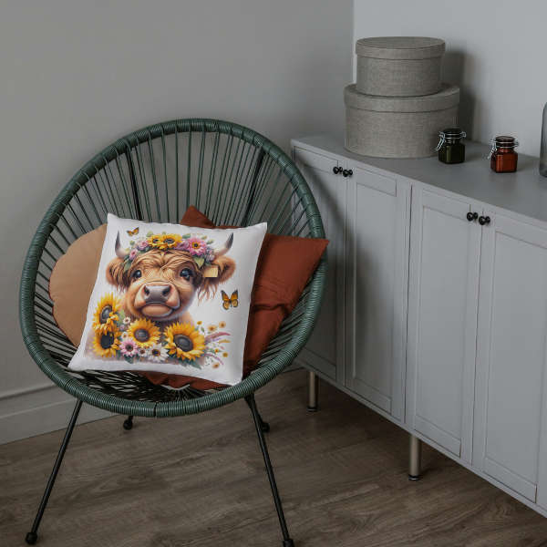 Sunflower Highland Cow Throw Pillow