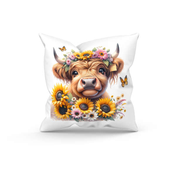 Sunflower Highland Cow Throw Pillow