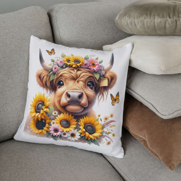 Sunflower Highland Cow Throw Pillow