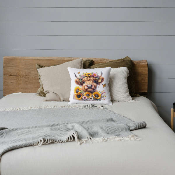 Sunflower Highland Cow Throw Pillow