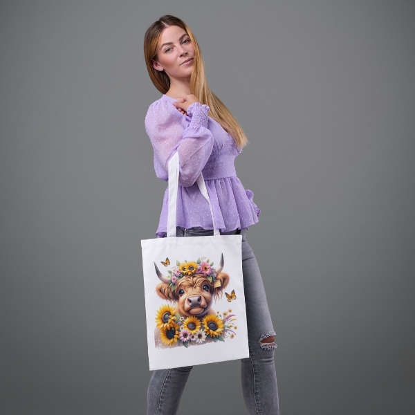 Sunflower Highland Cow Shopping Bag