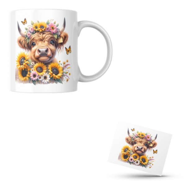 Sunflower Highland Cow Coffee Cup and Coaster Set