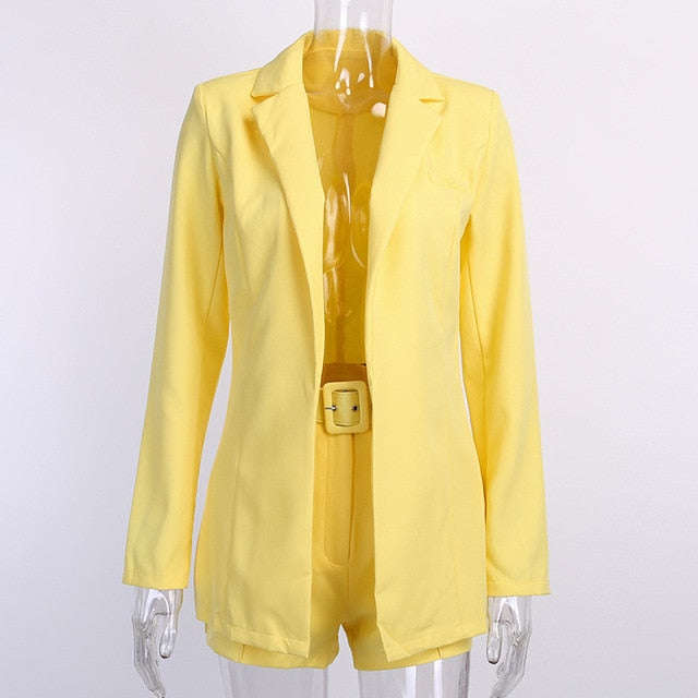 2 Pieces Set Blazer and Shorts for Women Fashion Suits with Waist Belt Two Piece Set... - Orange / S