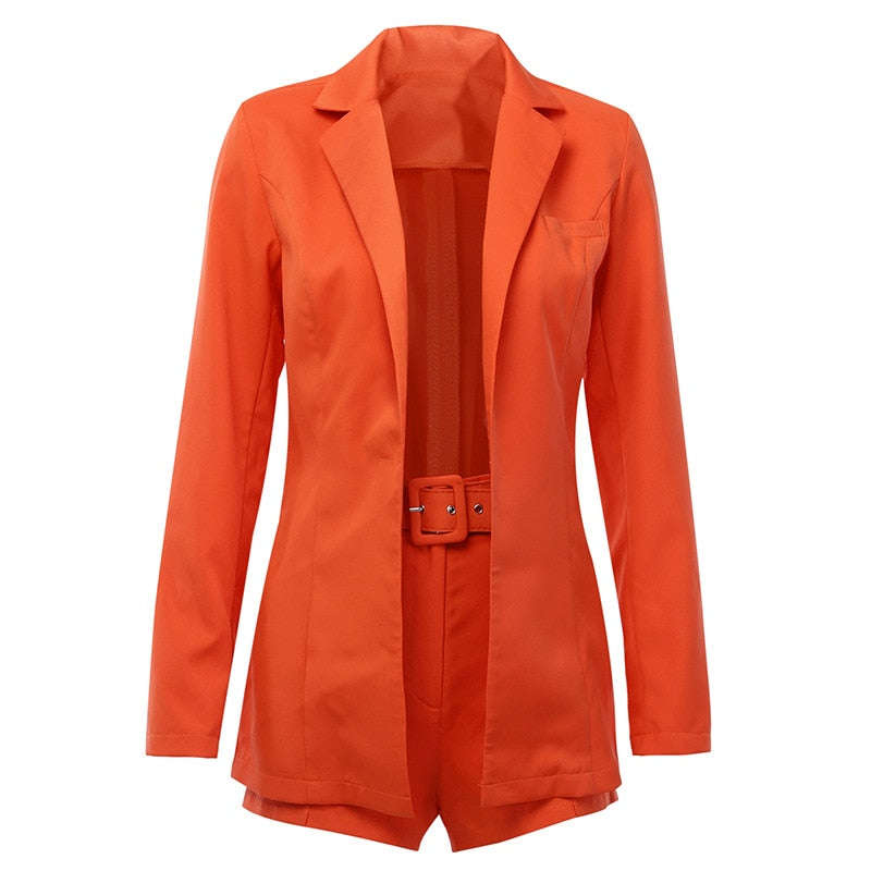 2 Pieces Set Blazer and Shorts for Women Fashion Suits with Waist Belt Two Piece Set... - Orange / S