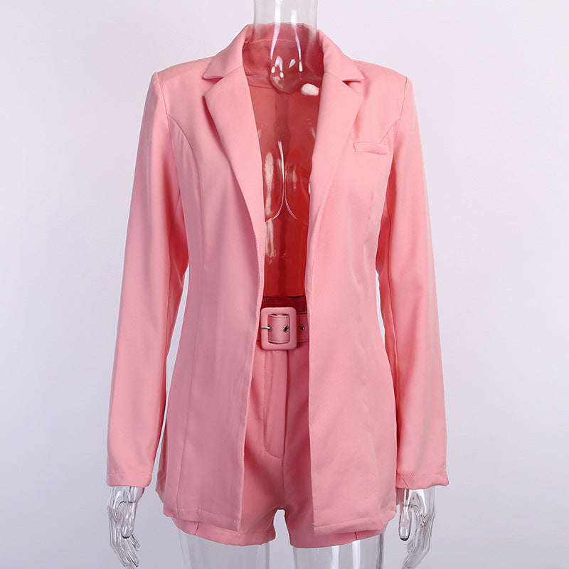 2 Pieces Set Blazer and Shorts for Women Fashion Suits with Waist Belt Two Piece Set... - Orange / S