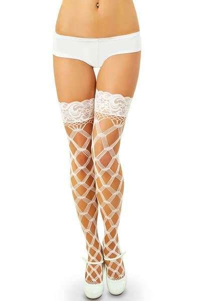 Multi Fence Net Thigh High, Lace Top Stockings - LB-L92238-1 - one size / White
