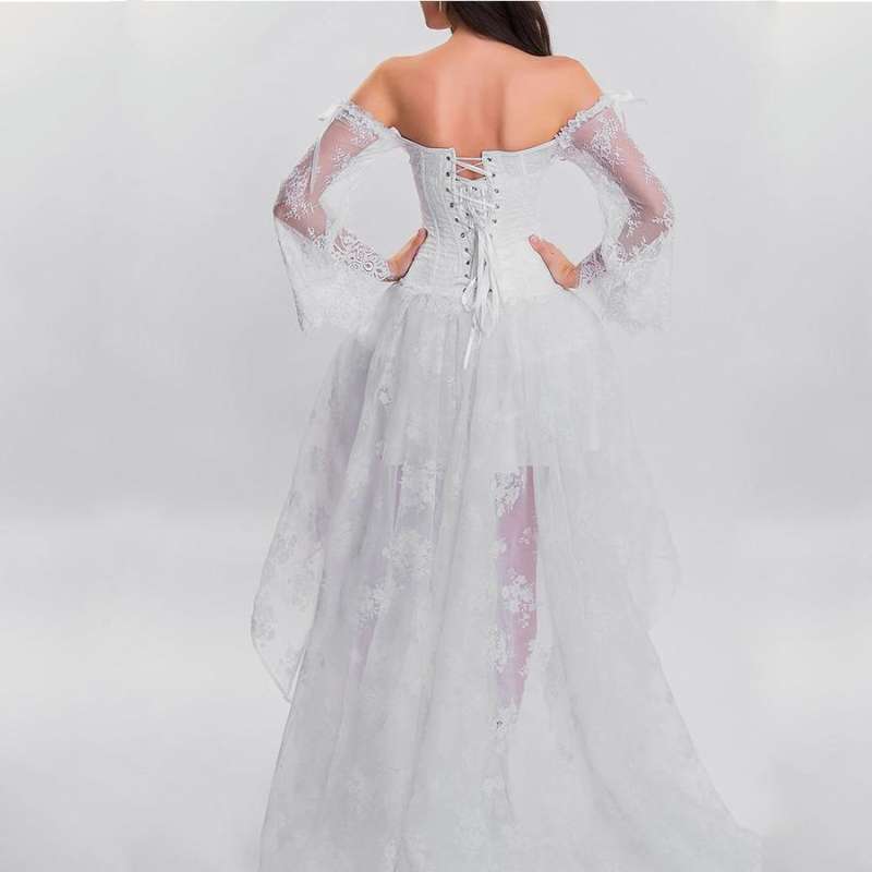 Sexy Off The Shoulder Short Front Long Back Lace Corset Robe Female Dress - white dress / S