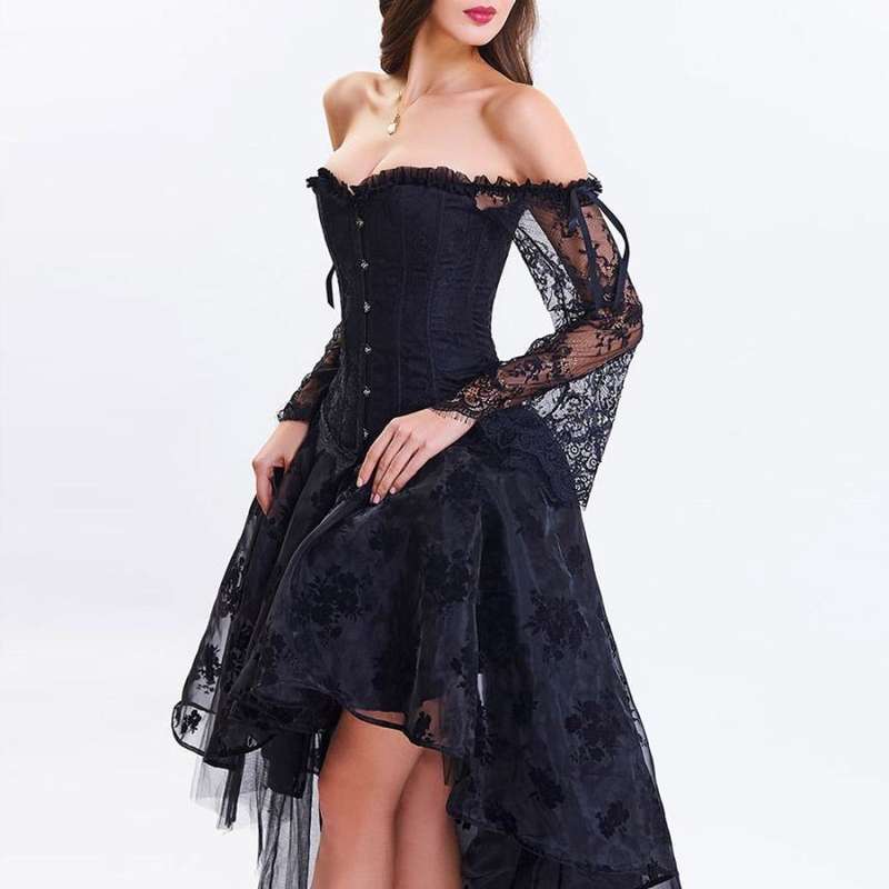 Sexy Off The Shoulder Short Front Long Back Lace Corset Robe Female Dress - white dress / S