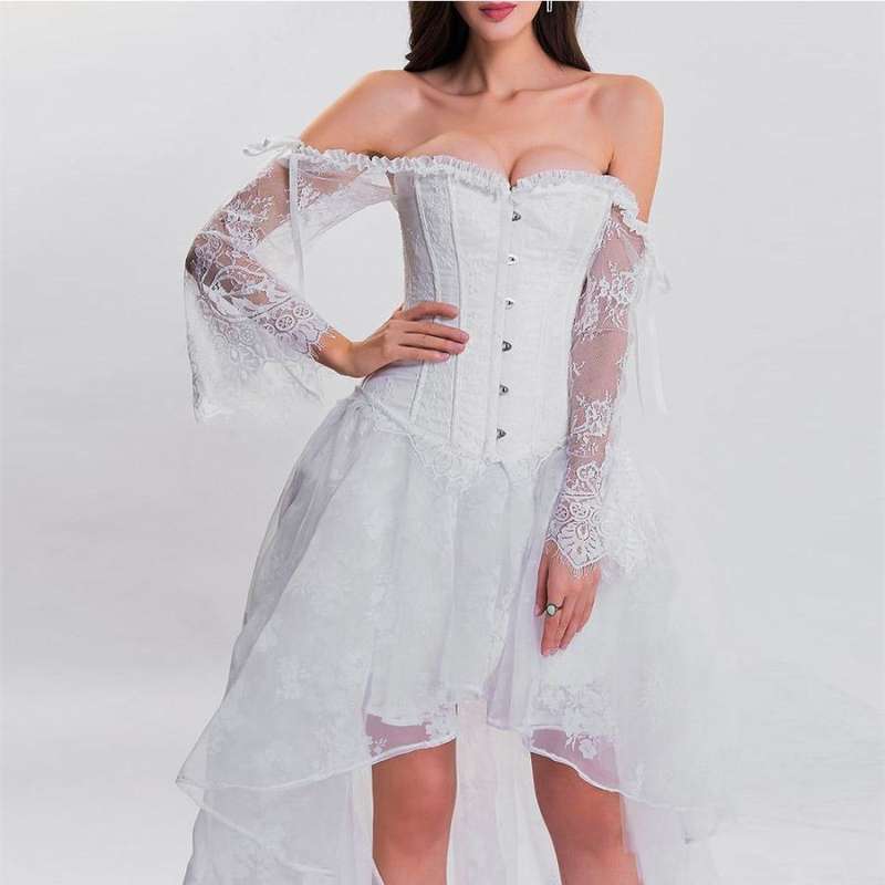 Sexy Off The Shoulder Short Front Long Back Lace Corset Robe Female Dress - white dress / S