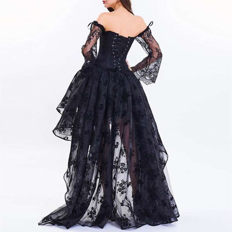 Sexy Off The Shoulder Short Front Long Back Lace Corset Robe Female Dress - white dress / S
