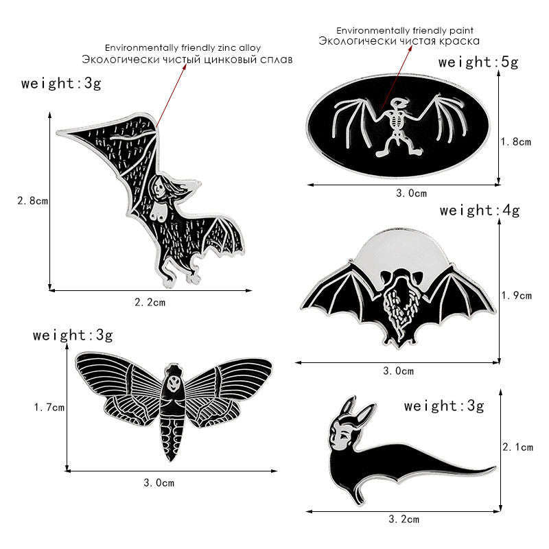 5Pcs/set Black Bat Skeleton Enamel Pin Set Badge Goth Punk Style Collection