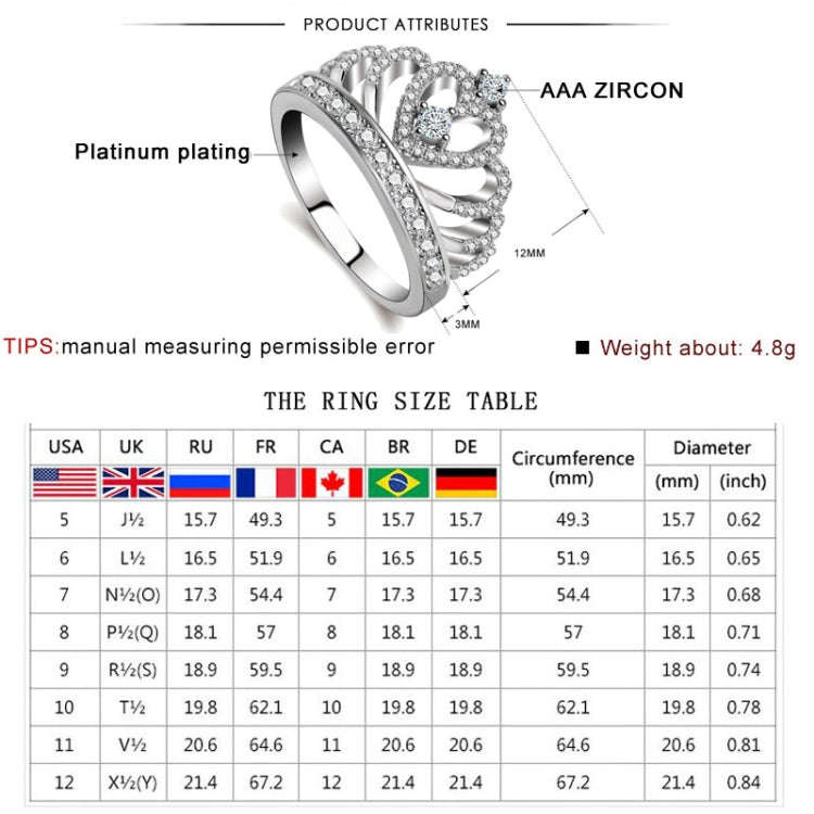 Princess Queen Crown-shaped Platinum Plated Zircon Ring, US Size: 6, Diameter: 16.5mm, Perimeter:...