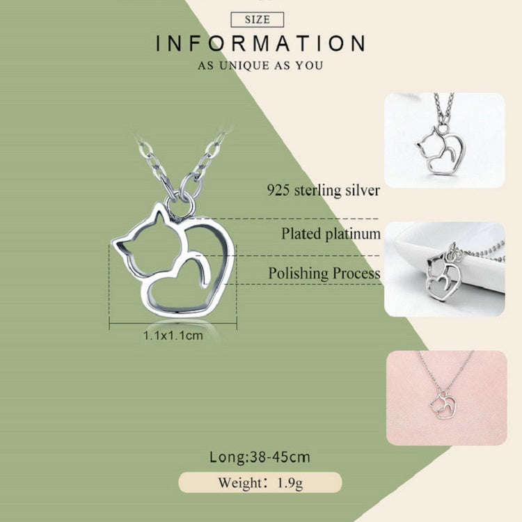 Cute Cat S925 Sterling Silver Lady Necklace With Zircon Inlaid Plain Silver Necklace