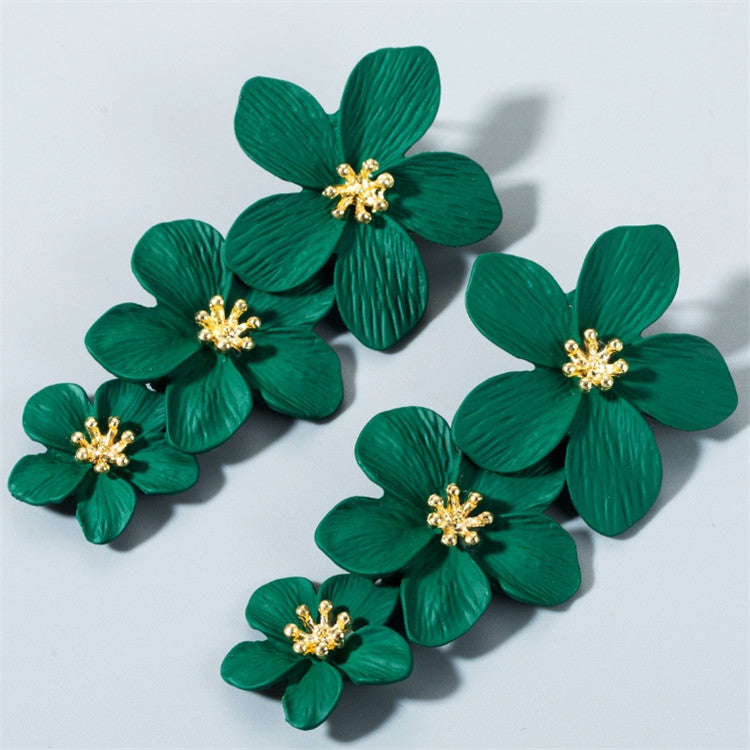 2 Pairs Multilayer Flower Earrings Alloy Paint Long Earrings(Dark Green)