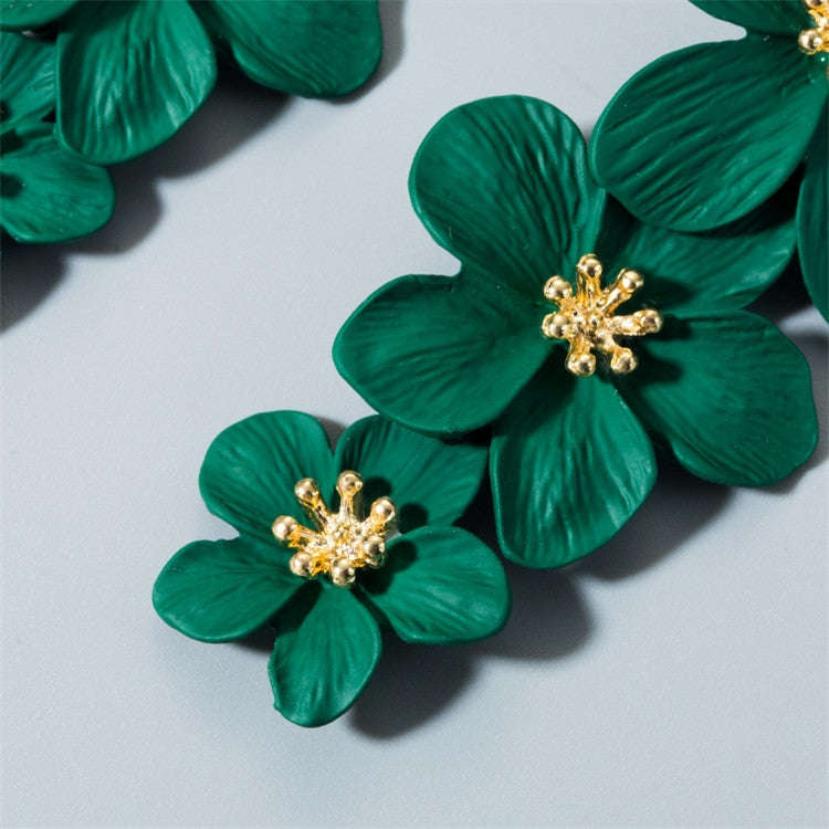 2 Pairs Multilayer Flower Earrings Alloy Paint Long Earrings(Dark Green)