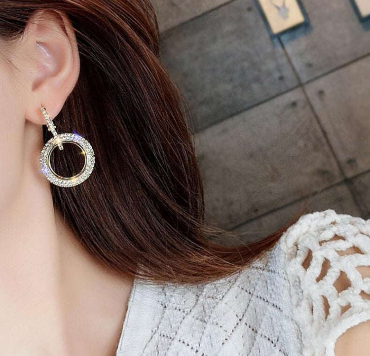 Rhinestone Crystal Earrings Round Earrings for Woman(Gold)