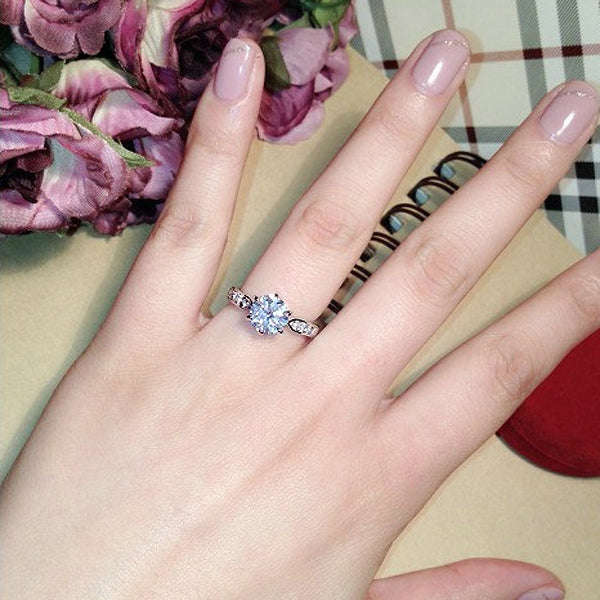 Female Classic Crystal Six-Claw  Ring Wedding Ring, Ring Size:7(White Gold)