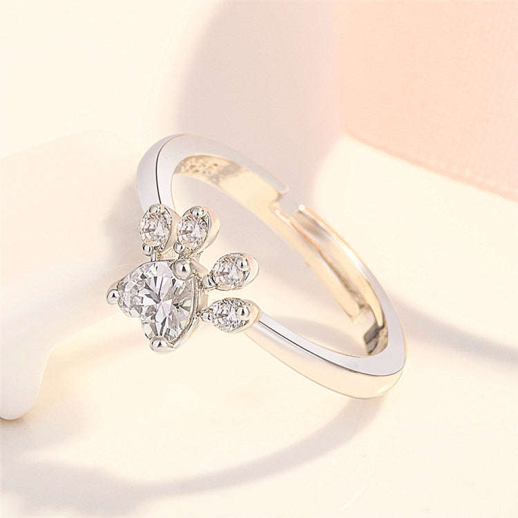 Women Crystal Cute Cat Claw Opening Adjustable Ring Jewelry(White diamond white gold)