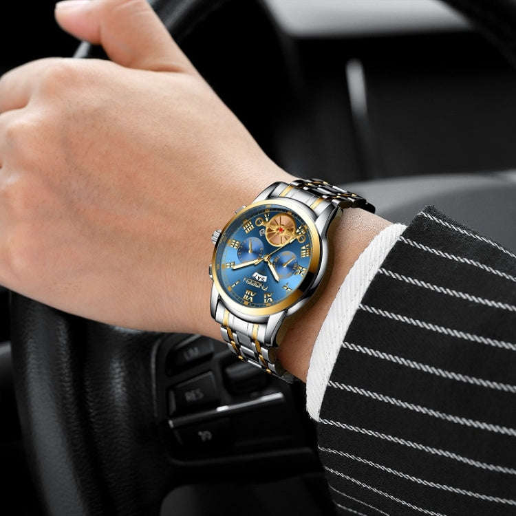 FNGEEN 4001 Men Watch Multi-Function Quartz Watch, Colour: Black Steel Black Surface Gold Nails