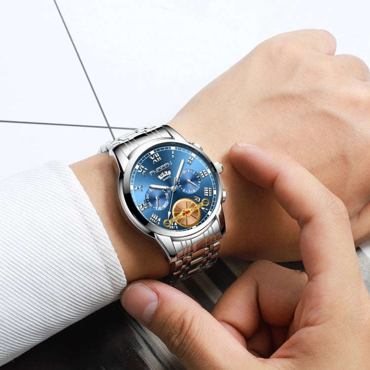 FNGEEN 4001 Men Watch Multi-Function Quartz Watch, Colour: Black Steel Black Surface Gold Nails