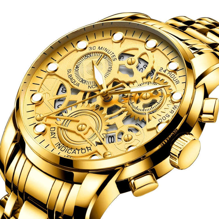FNGEEN 4088 Men Hollow Quartz Watch Student Waterproof Luminous Watch(All Black Surface Gold Nails)