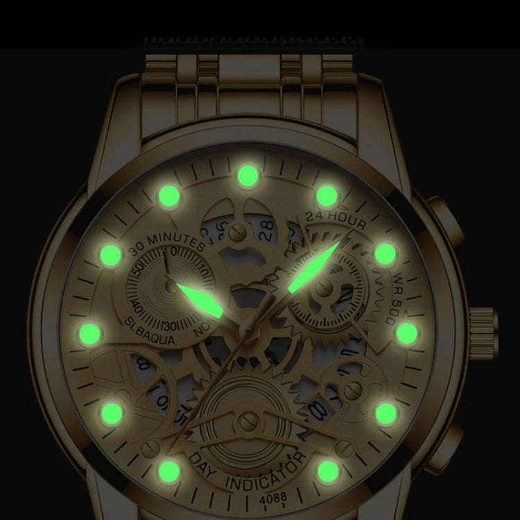 FNGEEN 4088 Men Hollow Quartz Watch Student Waterproof Luminous Watch(All Black Surface Gold Nails)